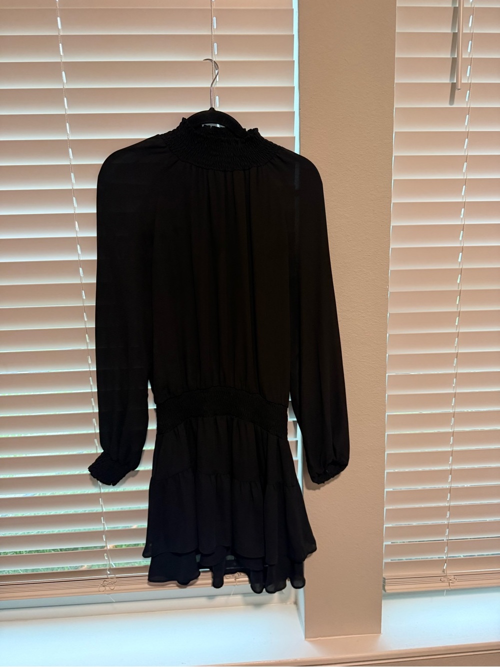 Smocked-Neck Black Tiered Mini Dress - Long Sleeve